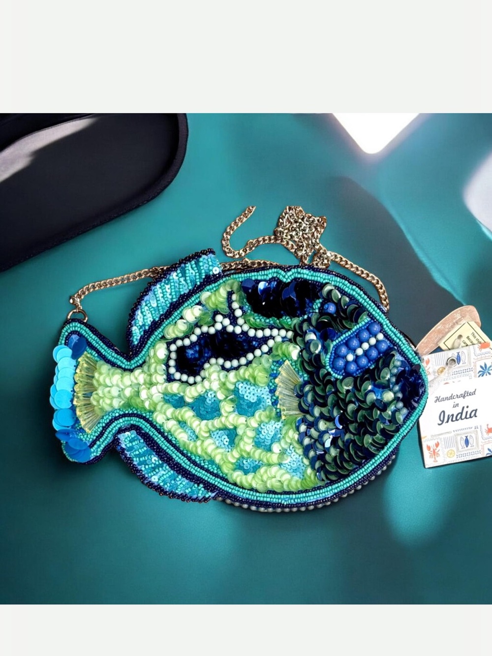 Beaded Fish-Shaped Shoulder Bag in Blue & Green
